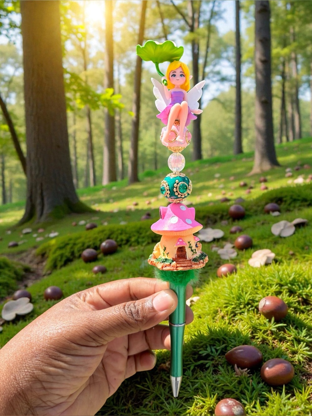 Handcrafted  Fancy Purple Fairy on Pink & Green Mushroom House Pen with Bee